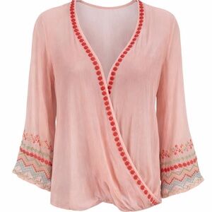 Ivy Jane Sheer Wrap Cardigan with Embroidery Pink Small